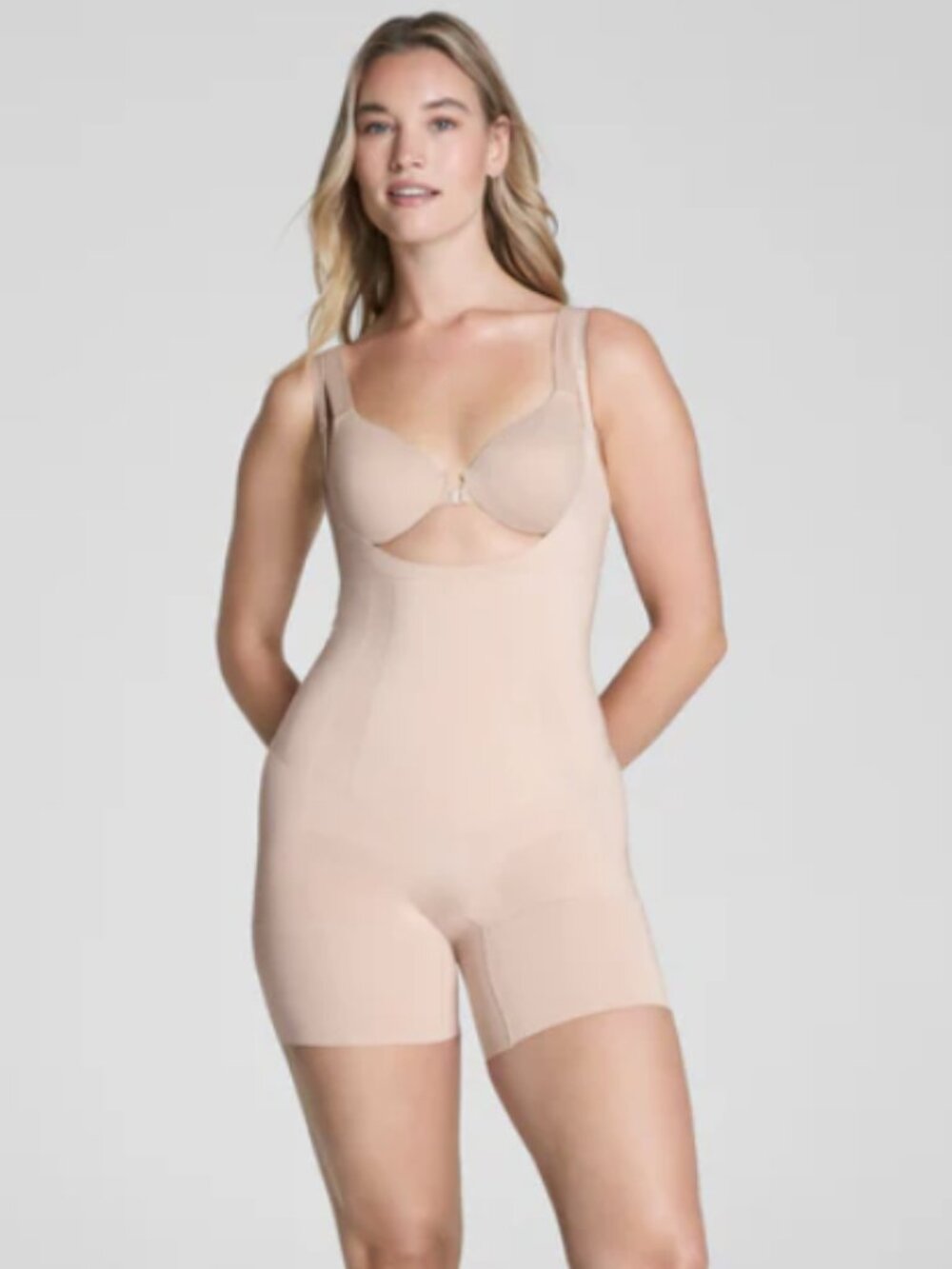 Spanx On Core Open Bust Mid Thigh Bodysuit Slimming Support 1X Oat Tan Beige